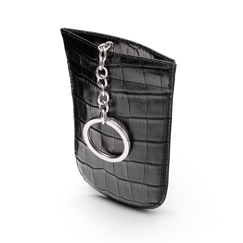 Leather key case with squeeze spring opening, black croc, front