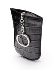 Leather key case with squeeze spring opening, black croc, front