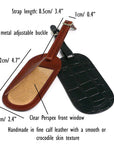 Leather luggage tag,  features and dimensions