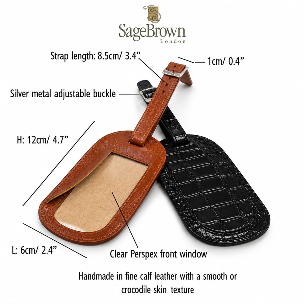 Leather luggage tag, features and dimensions