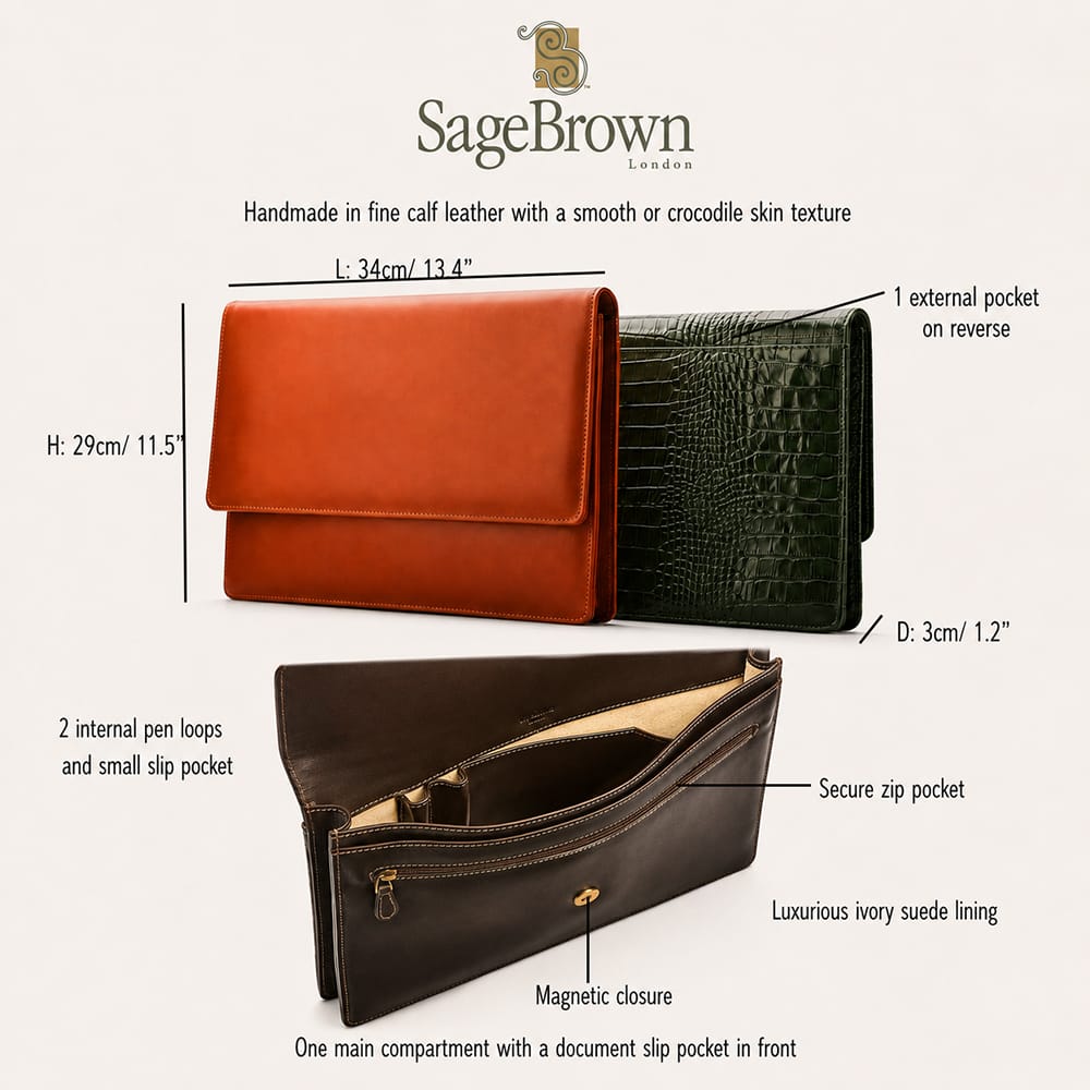 Small leather A4 portfolio case, features and dimensions