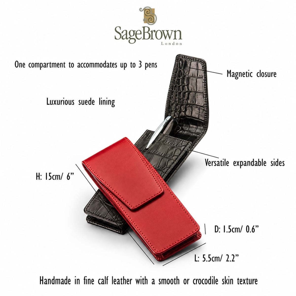 Leather pen case, features and dimensions