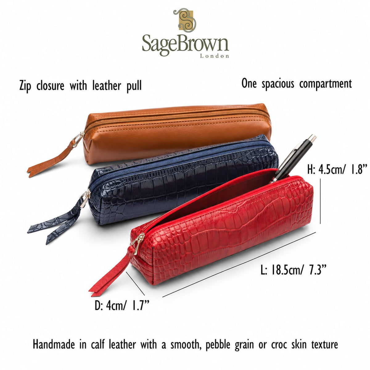 Leather pencil case, features and dimensions