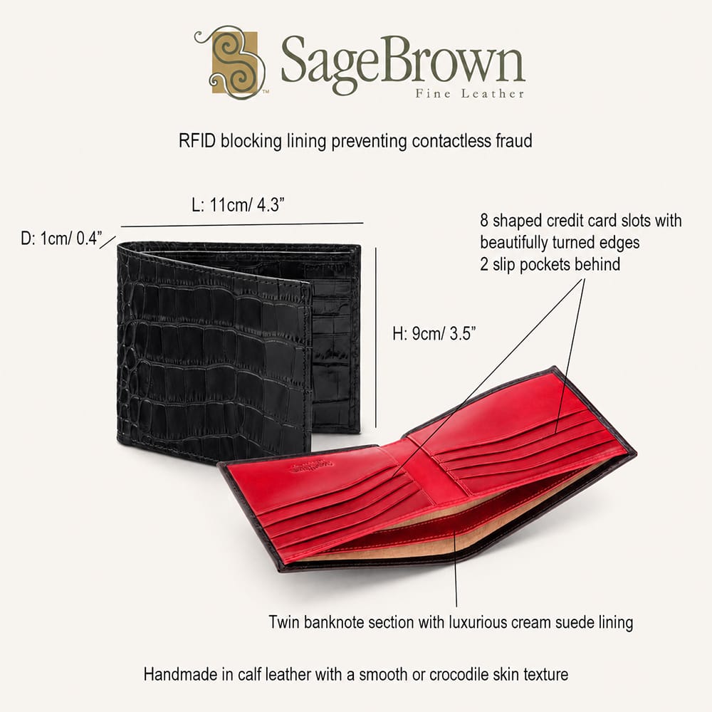 RFI leather wallet, features and dimensions