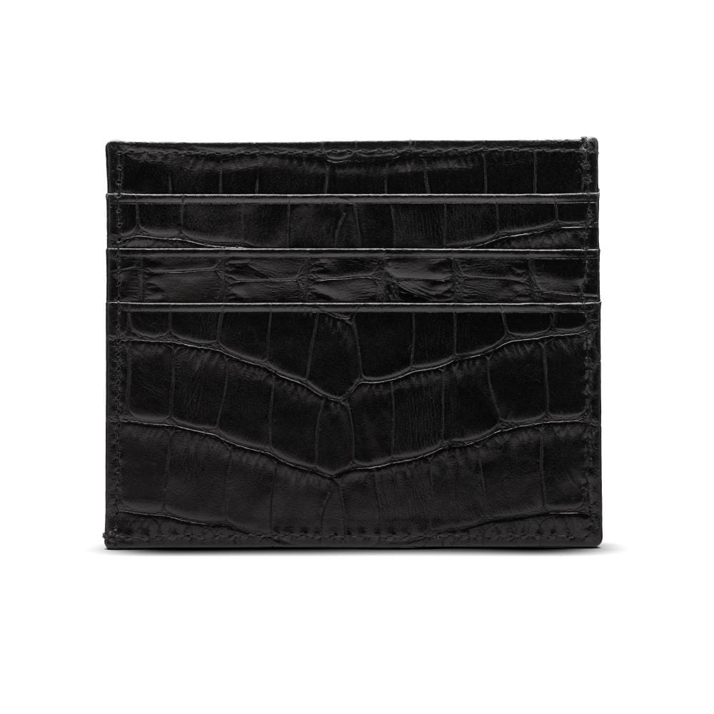 Leather side opening flat credit card case, black croc, front