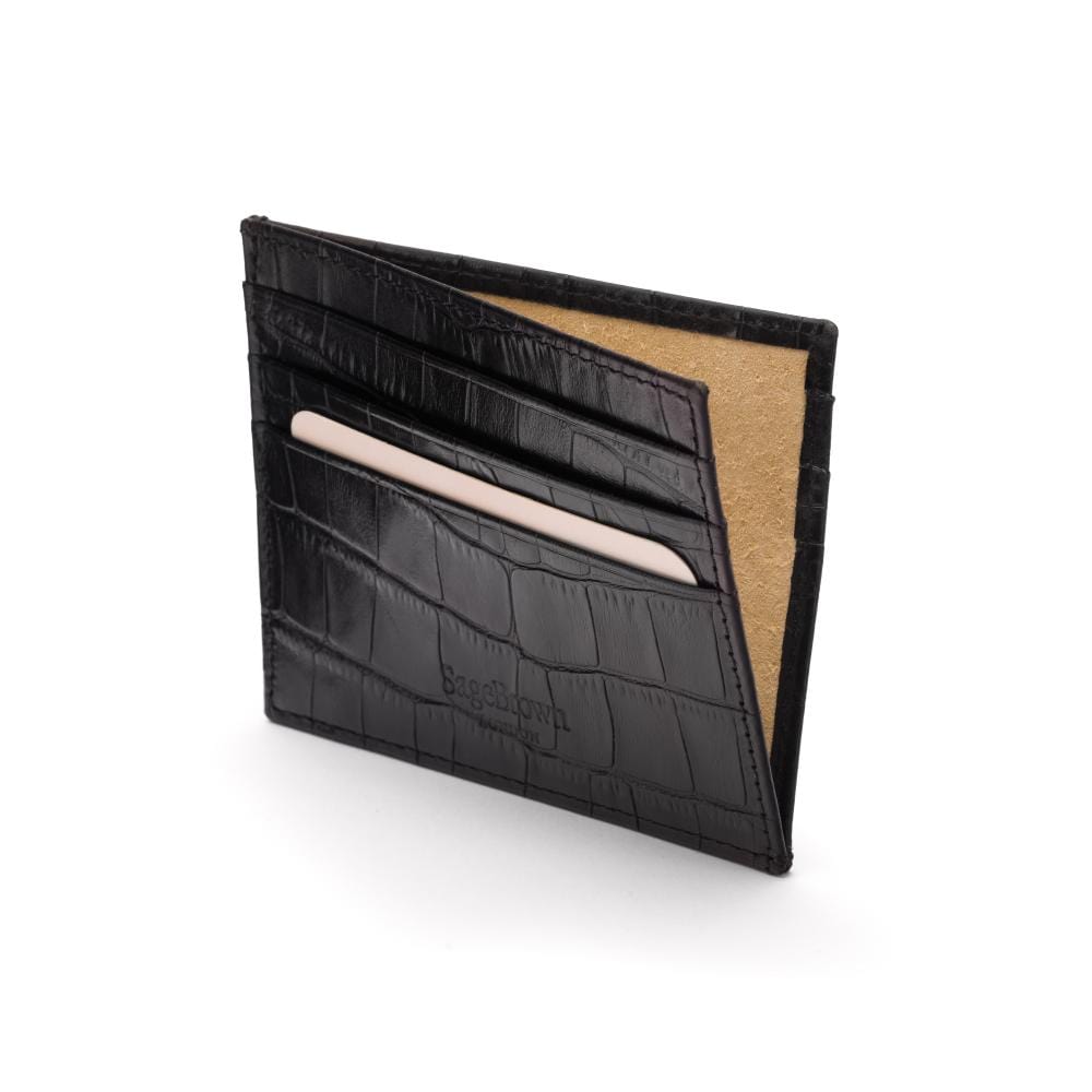 Leather side opening flat credit card case, black croc, inside