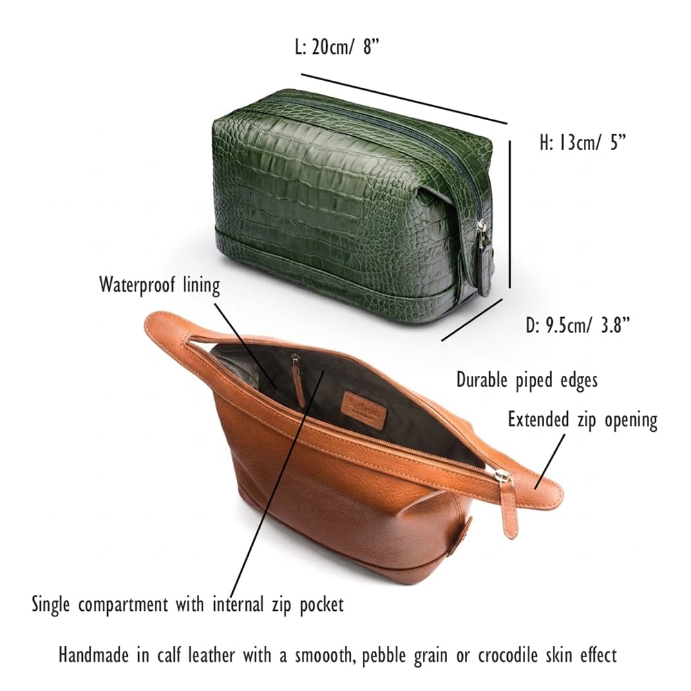 Leather wash bag, features and dimensions