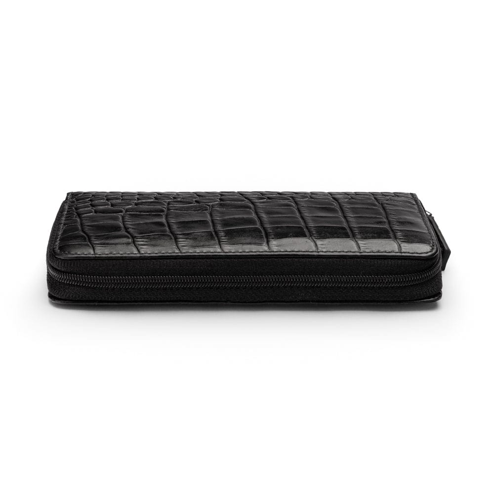 Leather zip around triple pen case, black croc, zip