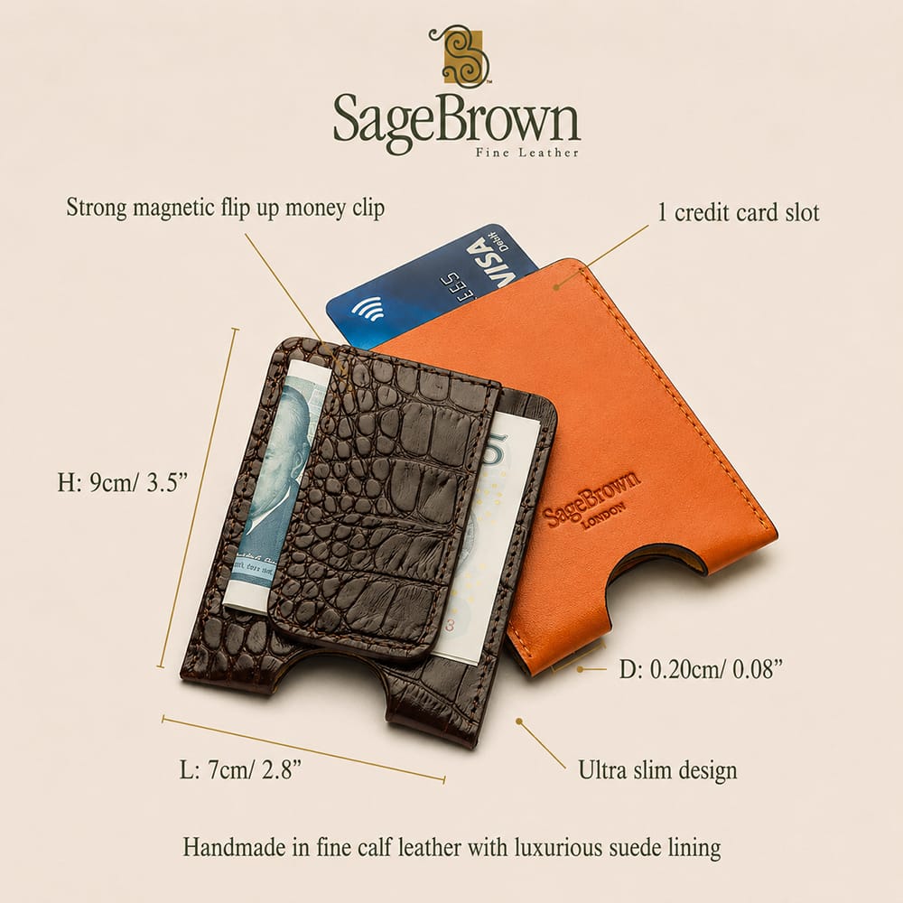 Luxury Leather Magnetic Money Clip and Card Holder, features and dimensions