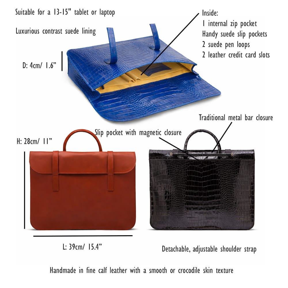 Leather music bag, features and dimensions