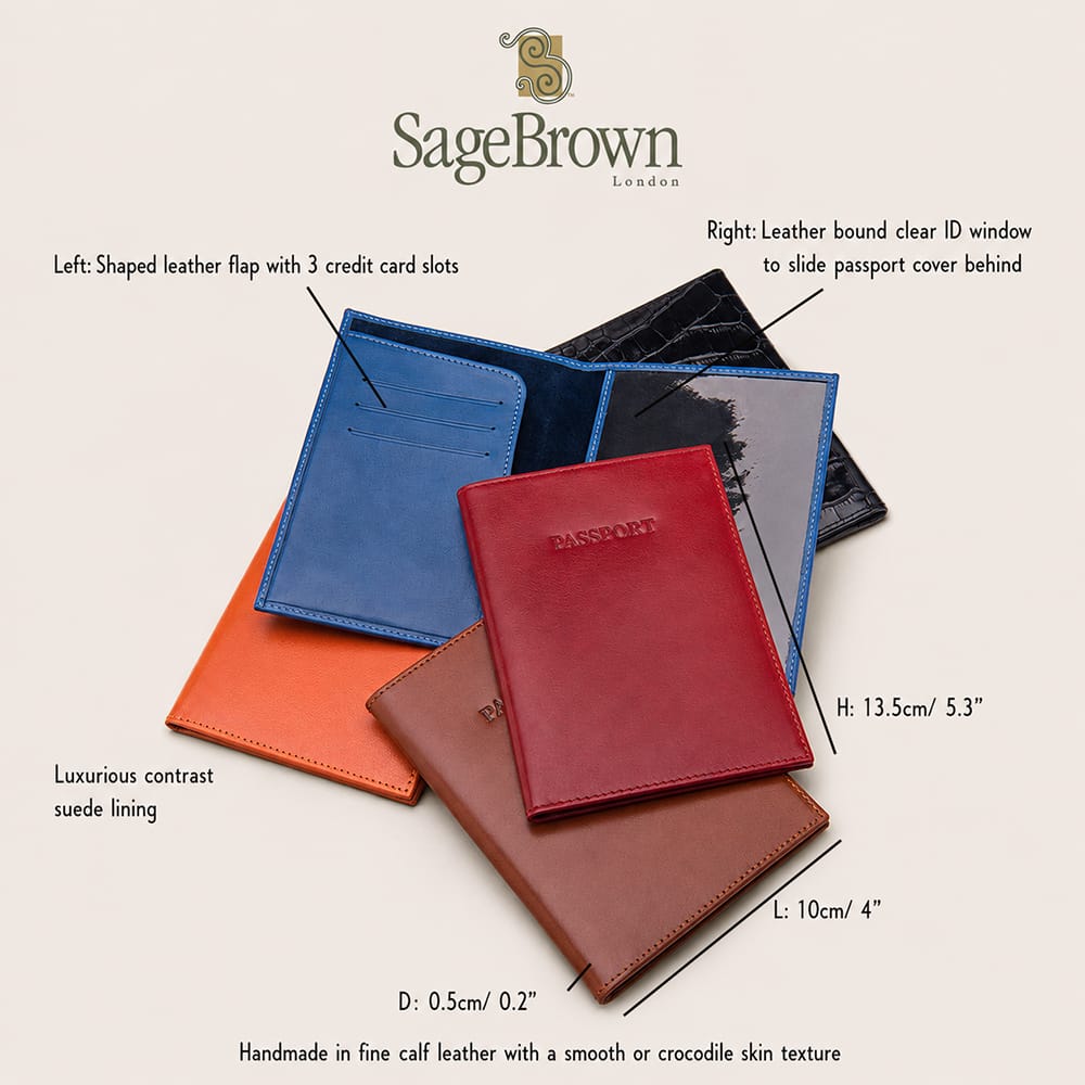 Luxury leather passport cover, features and dimensions