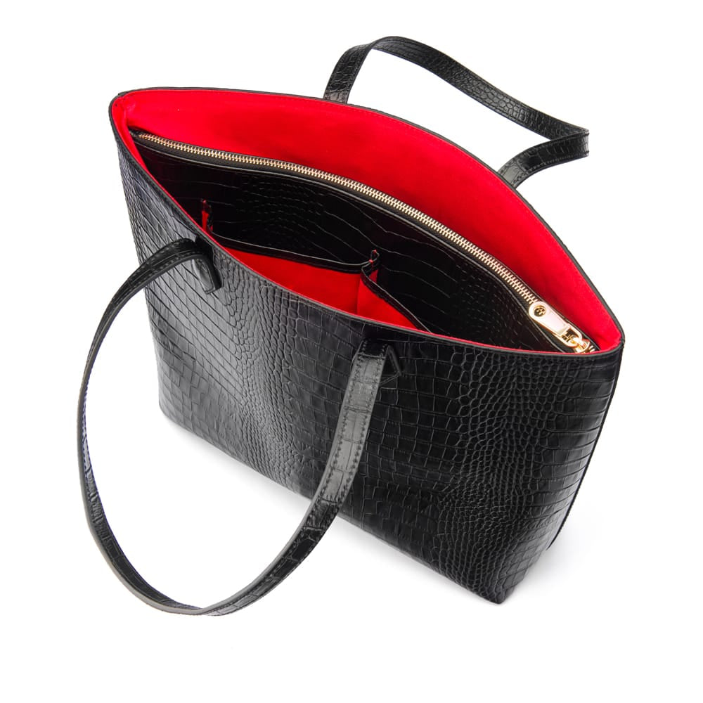 Luxury Leather Tote Bag and Shopper, Black Croc, open