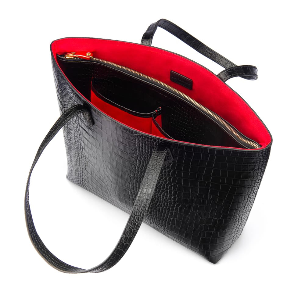 Luxury Leather Tote Bag and Shopper, Black Croc, inside