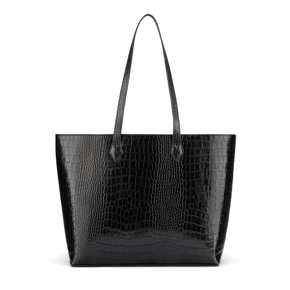 Luxury Leather Tote Bag and Shopper, Black Croc, front