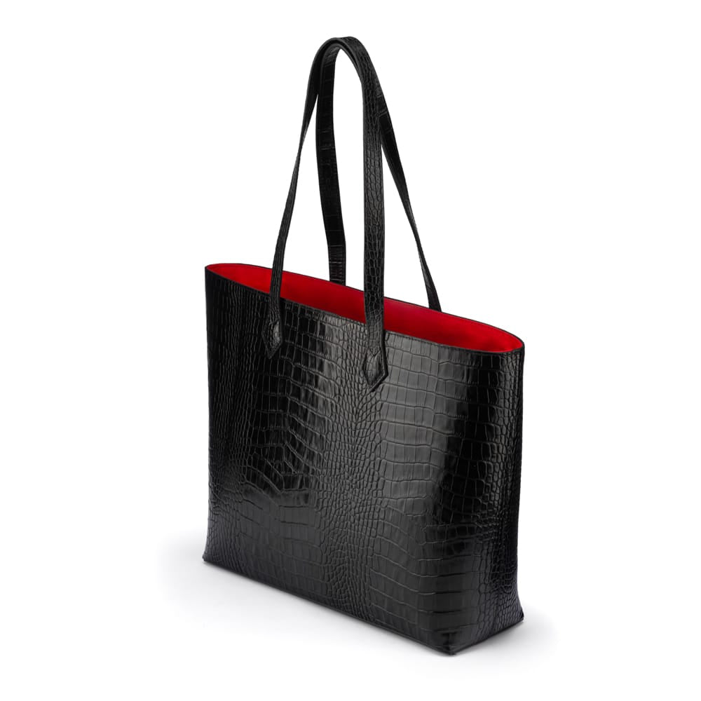 Luxury Leather Tote Bag and Shopper, Black Croc, side view