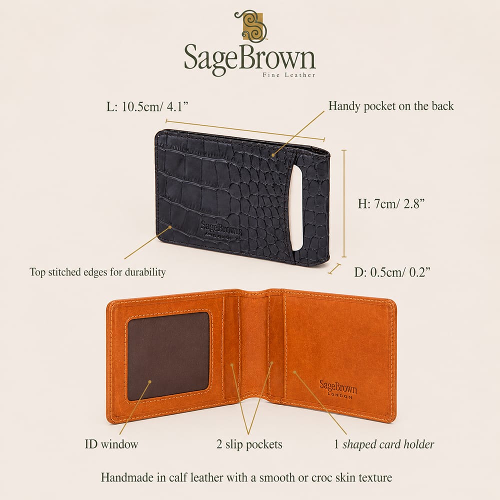 Luxury Leather Travel Card Holder with ID Window, features and dimensions