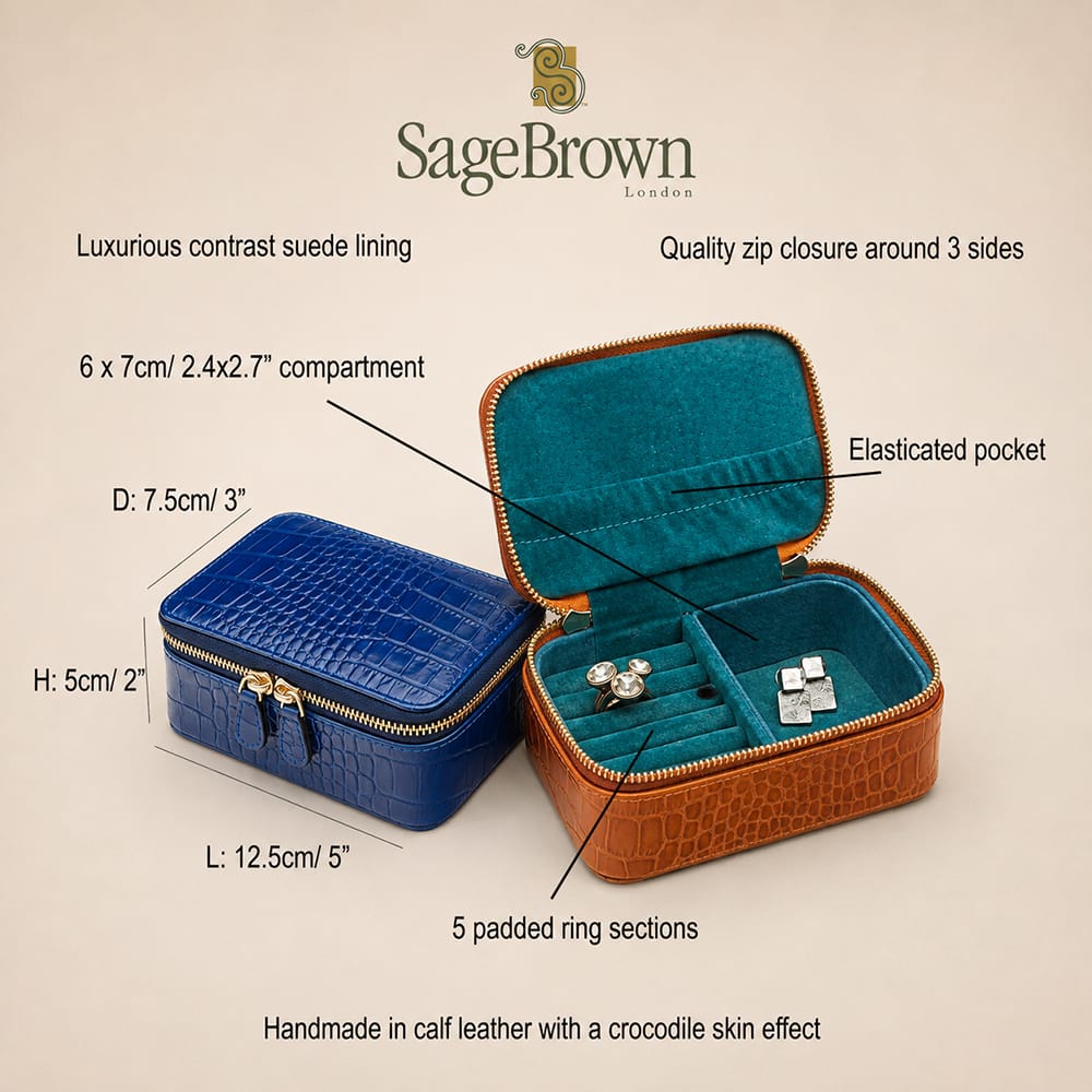 Rectangular zip around jewellery case, features and dimensions