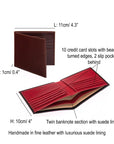 Men's leather billfold wallet, features and dimensions