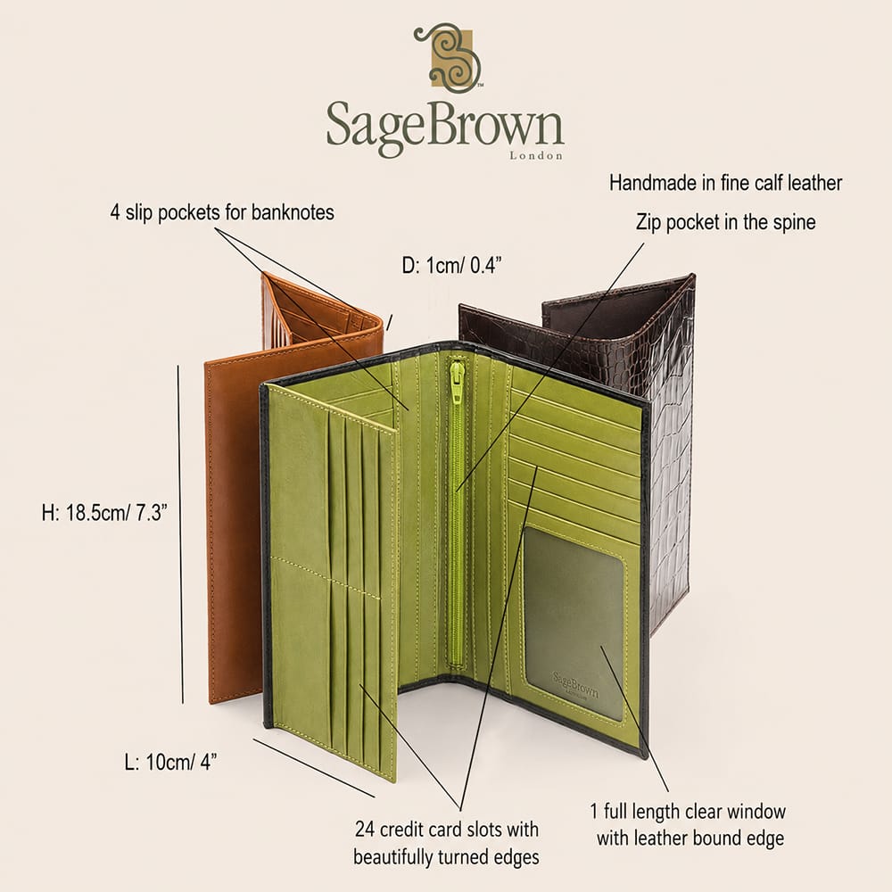 Men's tall leather wallet with 24 CC, features and dimensions
