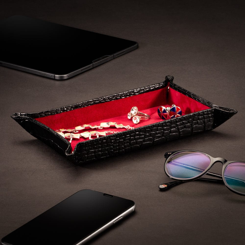 Rectangular leather valet tray, black croc with red, lifestyle