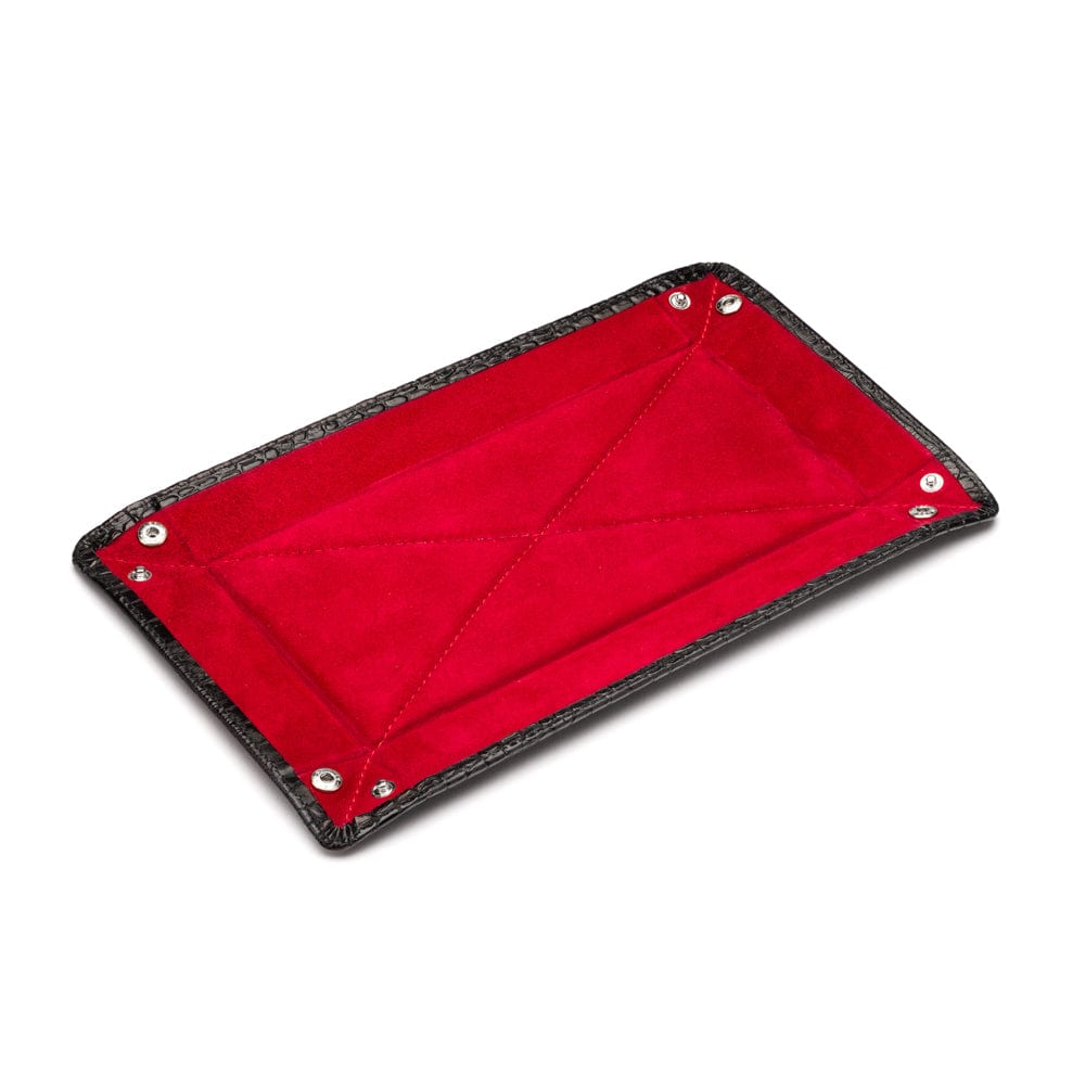 Rectangular leather valet tray, black croc with red, flat