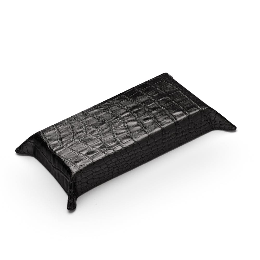 Rectangular leather valet tray, black croc with red, base