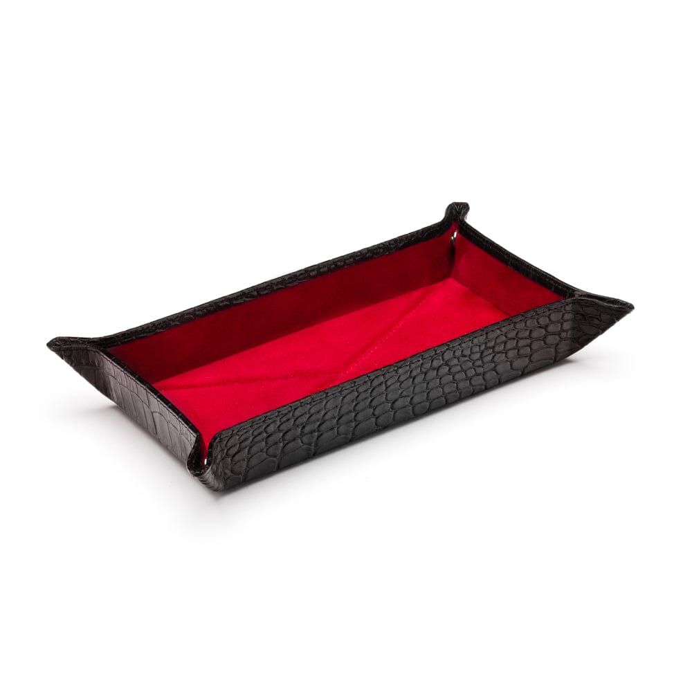 Rectangular leather valet tray, black croc with red