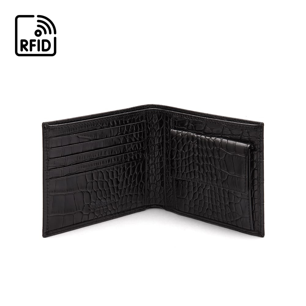 RFID leather wallet with coin purse, black croc, open