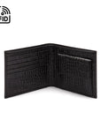 RFID leather wallet with coin purse, black croc, open