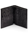 RFID compact leather billfold wallet 4 CC, black croc, open view