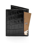 RFID compact leather billfold wallet 4 CC, black croc, back