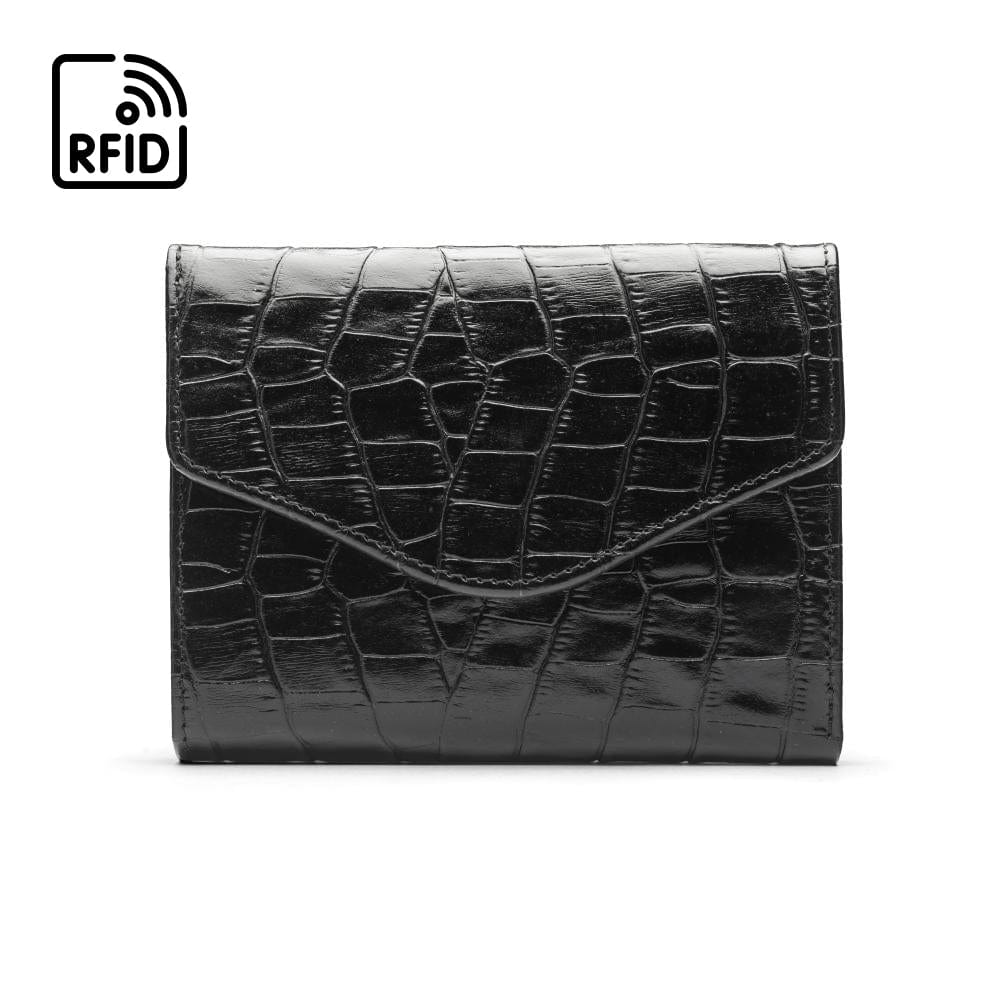 RFID Large leather purse with 15 CC, black croc, front