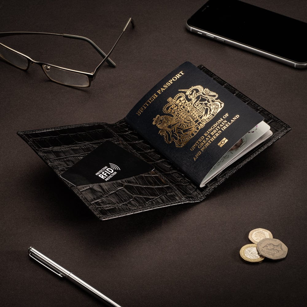 RFID leather passport holder, black croc, lifestyle