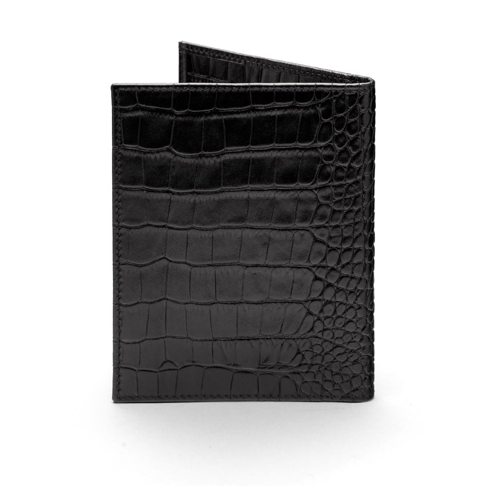 RFID leather passport holder, black croc, back view