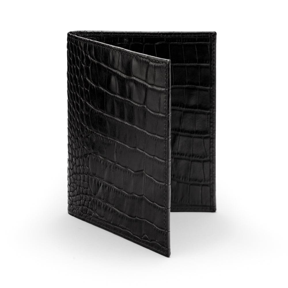 RFID leather passport holder, black croc, front