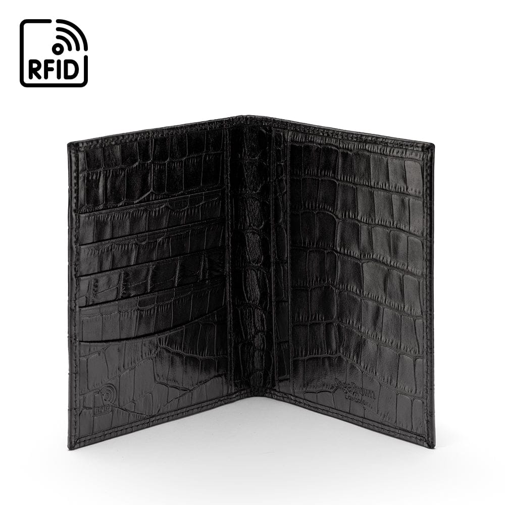 RFID leather passport holder, black croc, inside view