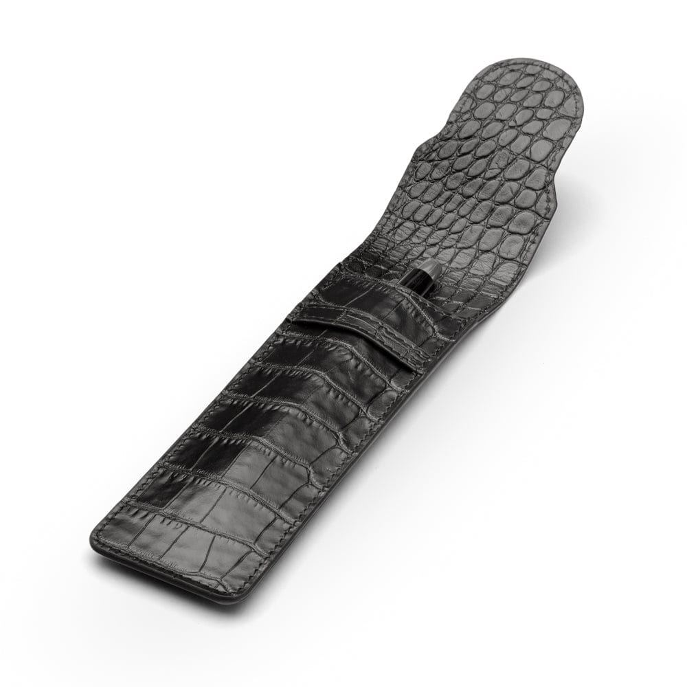 Single leather pen case, black croc, open