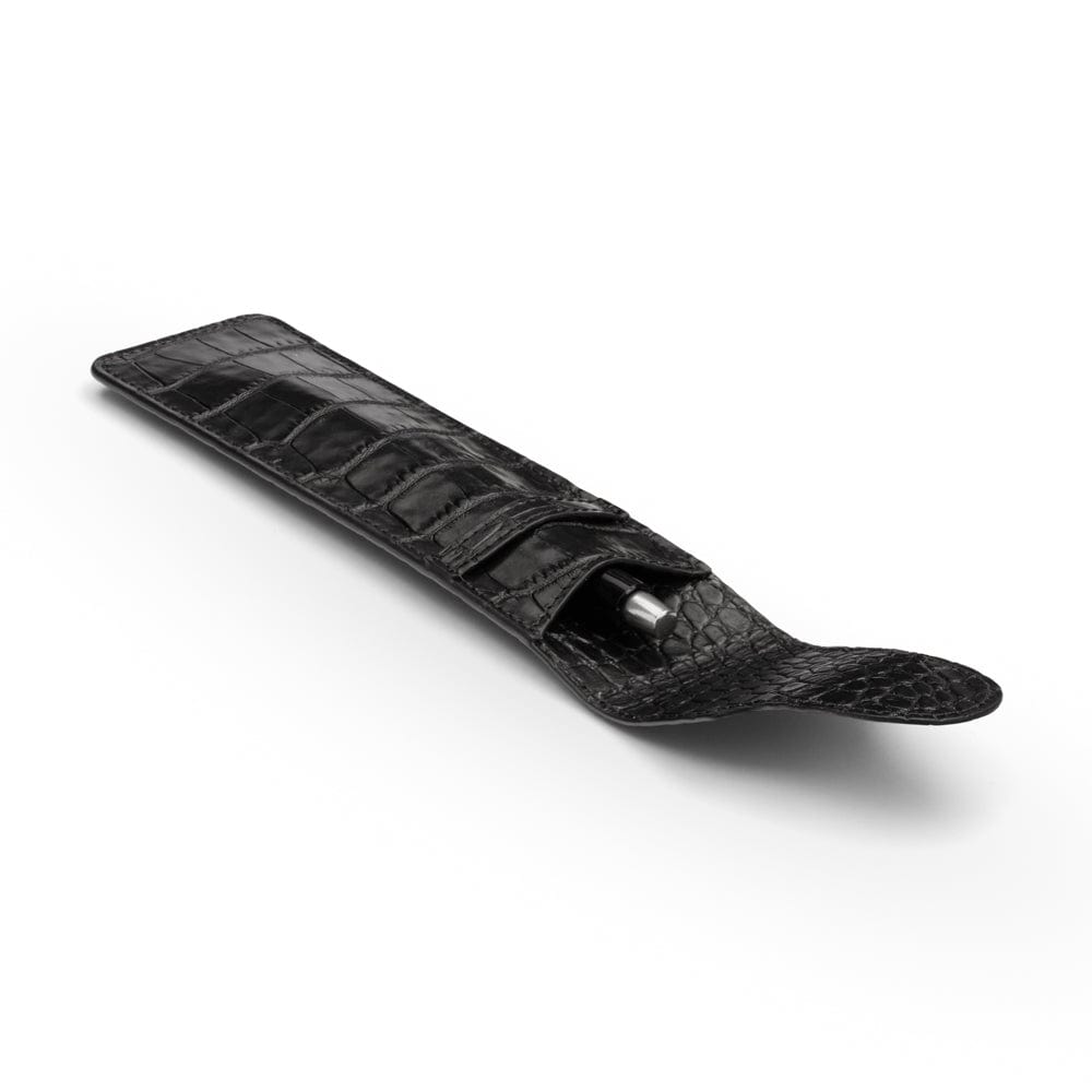 Single leather pen case, black croc, inside