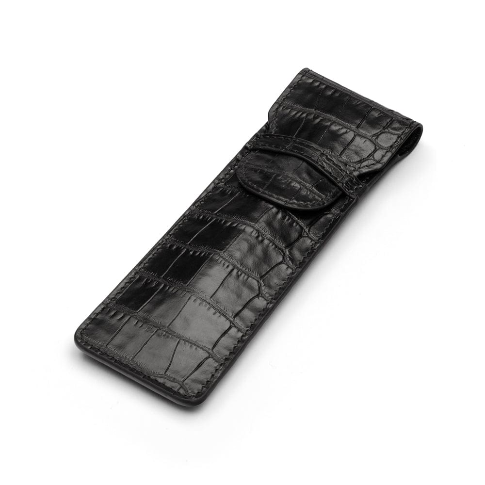 Single leather pen case, black croc, front