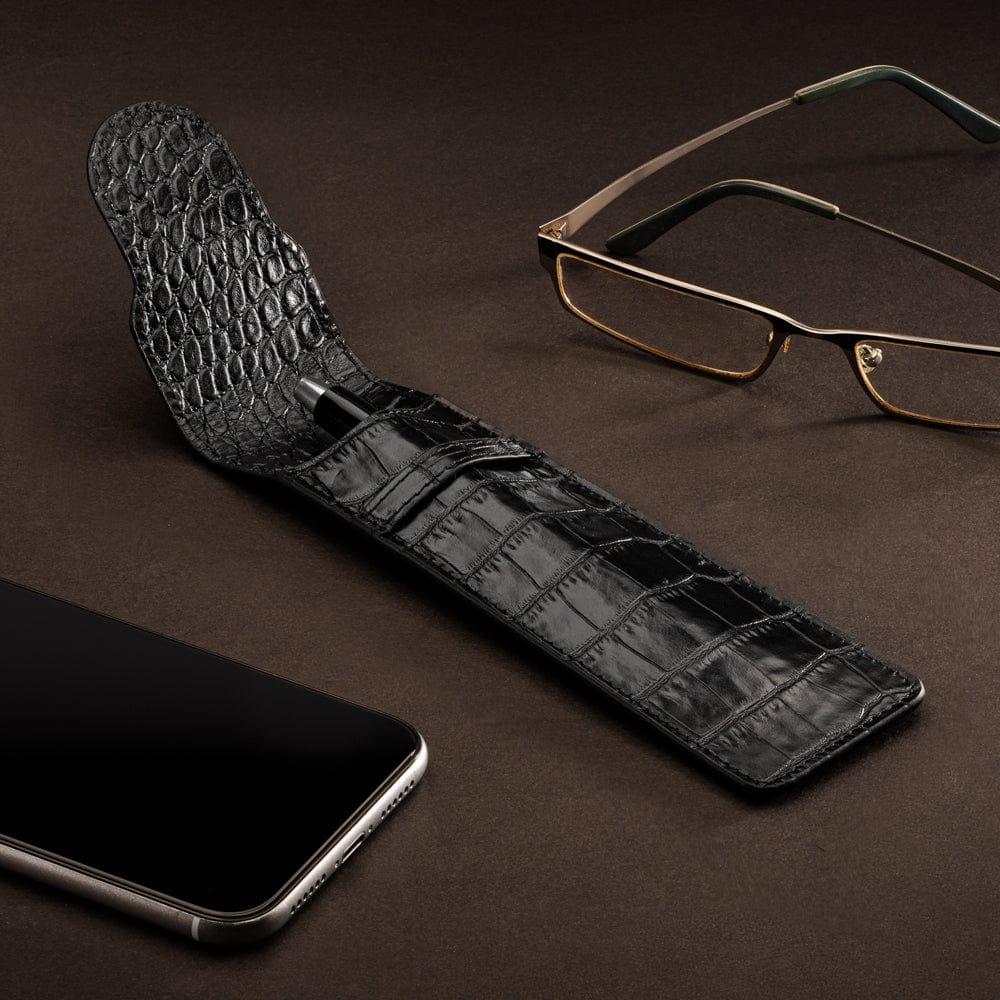 Single leather pen case, black croc, lifestyle