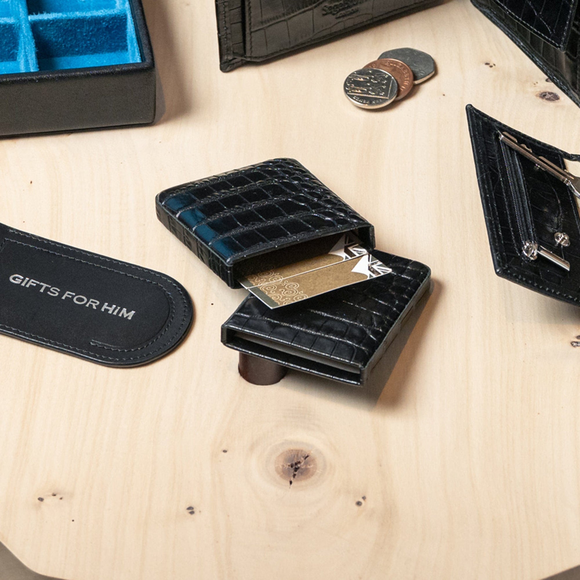 Pull apart business card holder, black croc, lifestyle view