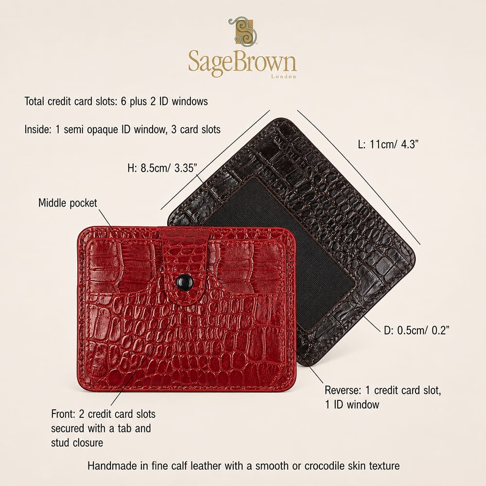 Flat leather card holder with 6 card slots and 2 ID, features and dimensions