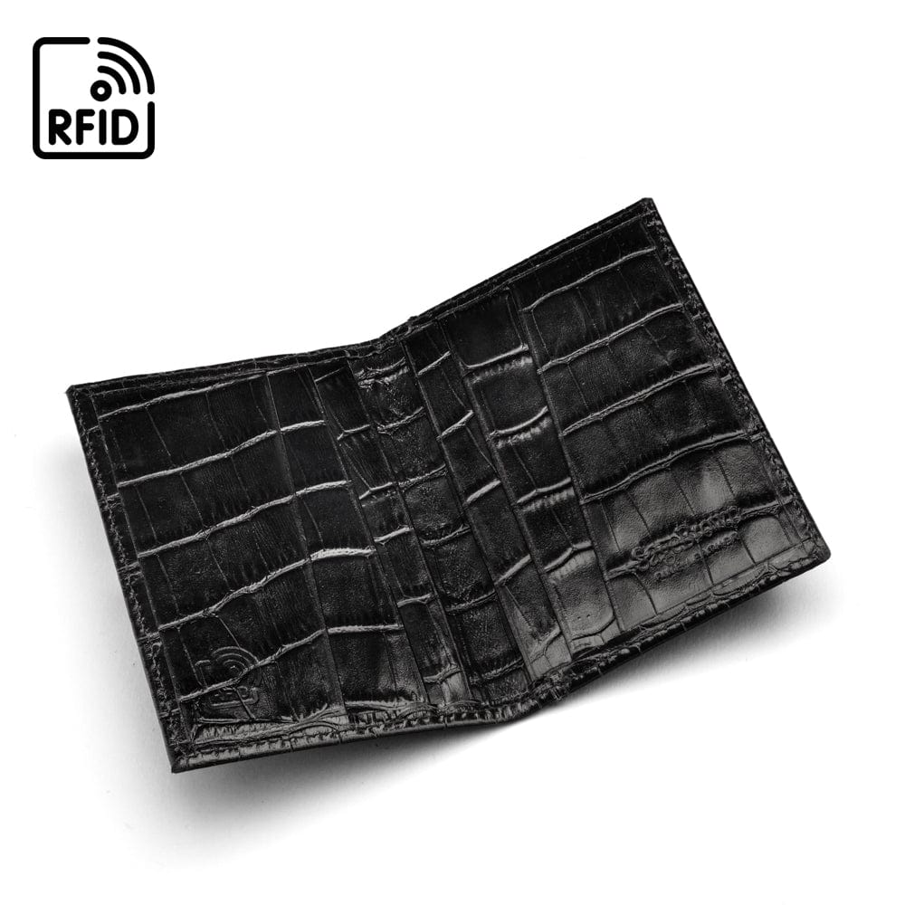 RFID leather credit card holder, black croc, open view