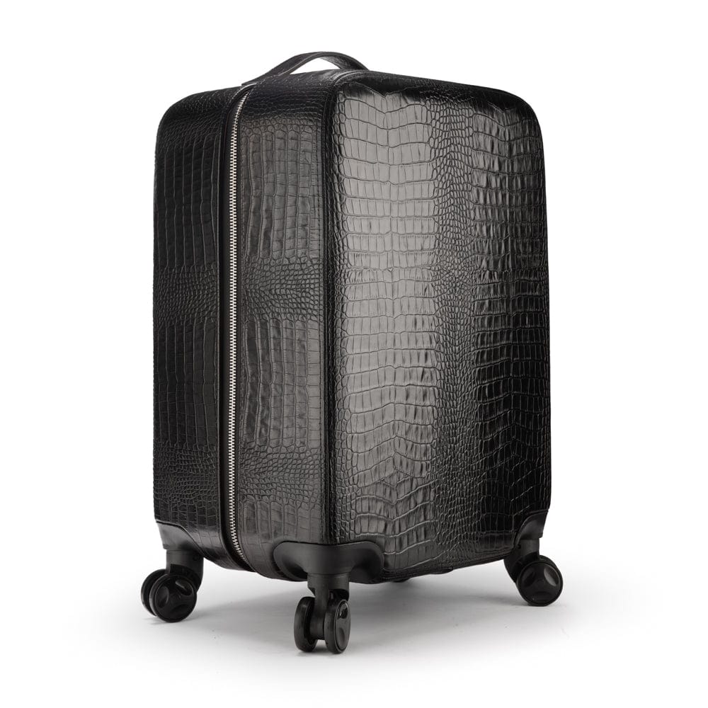 Small 4 Wheel Leather Suitcase - Black Croc