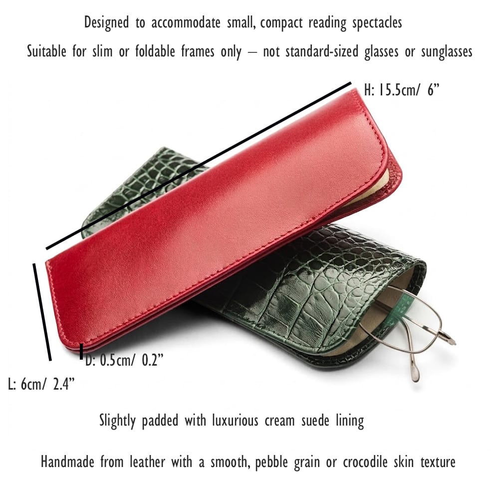 Small leather glasses case, features and dimensions