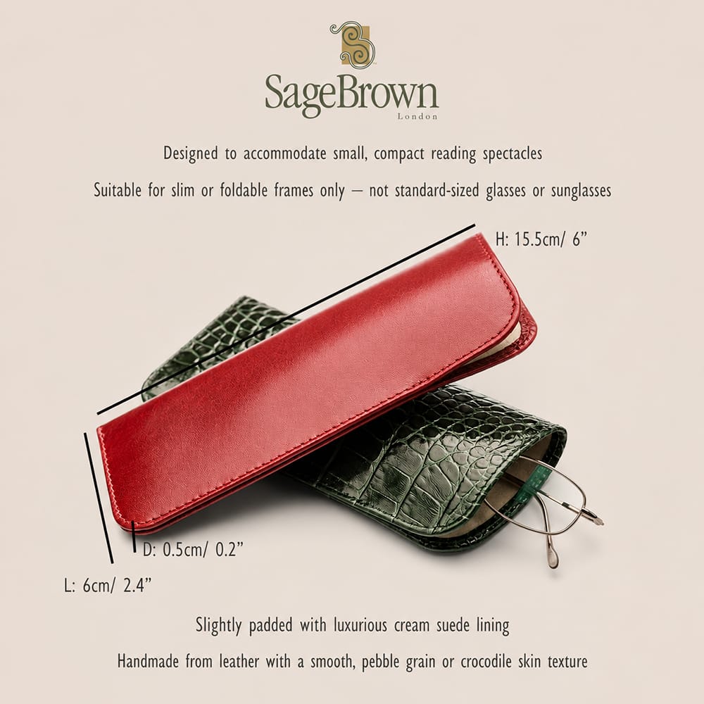Small leather reading glasses case, features and dimensions