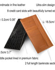 Tall flat leather wallet with 8 CC, features and dimensions