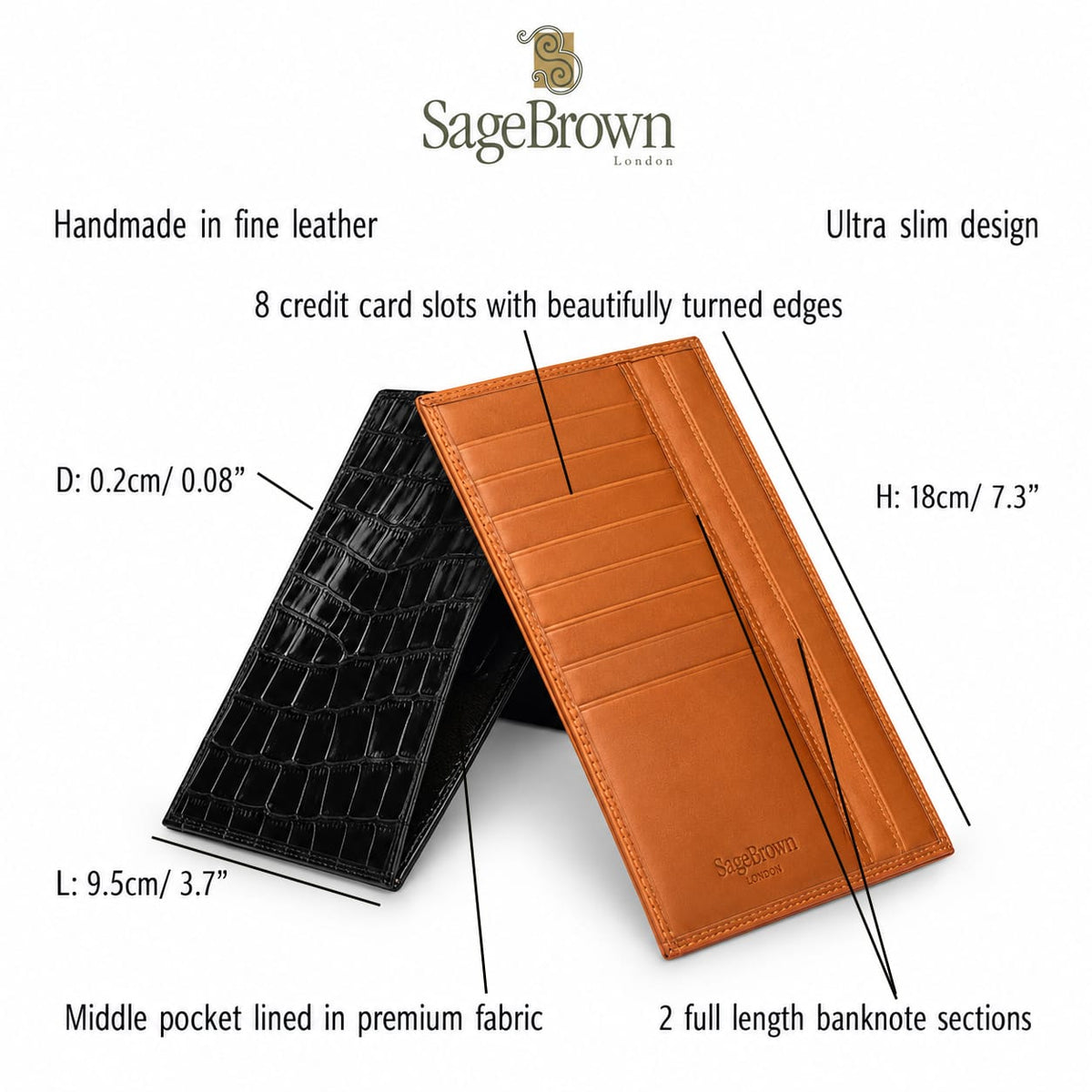 Tall Flat Leather Wallet With 8 Credit Card Slot, features and dimensions