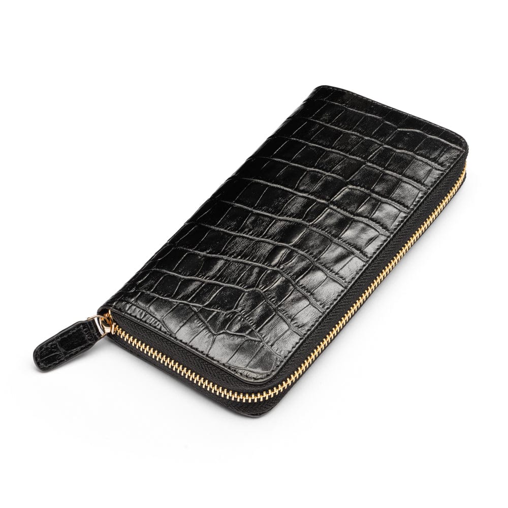 Tall leather zip around accordion purse, black croc, front