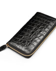 Tall leather zip around accordion purse, black croc, front